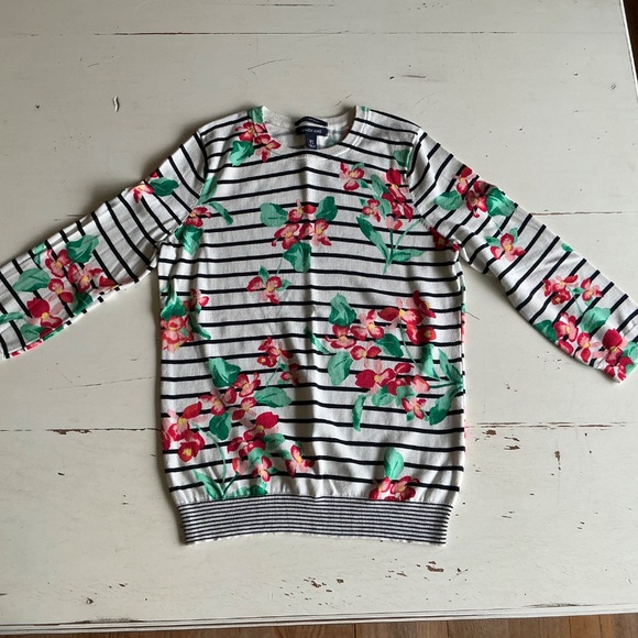 Lands End 100% Supima Cotton 3/4 sleeve Striped Hibiscus Floral Sweater XS - Picture 7 of 7